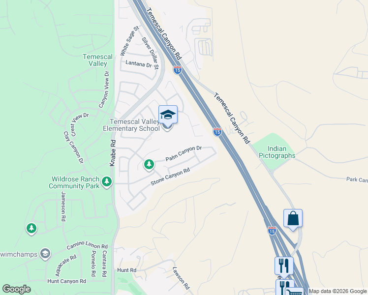 map of restaurants, bars, coffee shops, grocery stores, and more near 9357 Palm Canyon Drive in Corona
