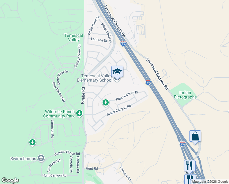 map of restaurants, bars, coffee shops, grocery stores, and more near 9274 Palm Canyon Drive in Corona