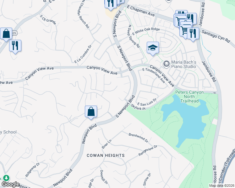 map of restaurants, bars, coffee shops, grocery stores, and more near 7602 Skylark Place in Orange