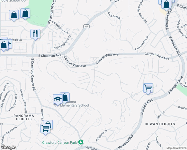 map of restaurants, bars, coffee shops, grocery stores, and more near 6311 East Rocking Horse Way in Orange
