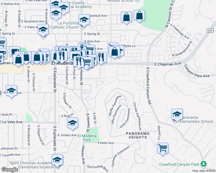map of restaurants, bars, coffee shops, grocery stores, and more near 18936 1/2 East Smiley Drive in Orange