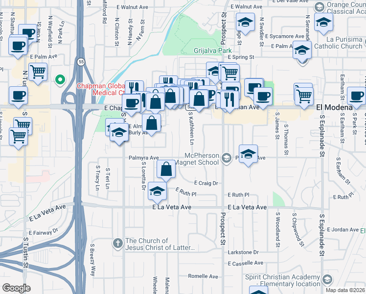 map of restaurants, bars, coffee shops, grocery stores, and more near 281 South Craig Drive in Orange