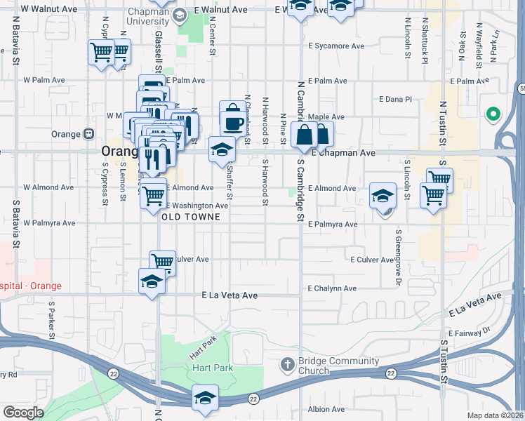 map of restaurants, bars, coffee shops, grocery stores, and more near 605 East Palmyra Avenue in Orange