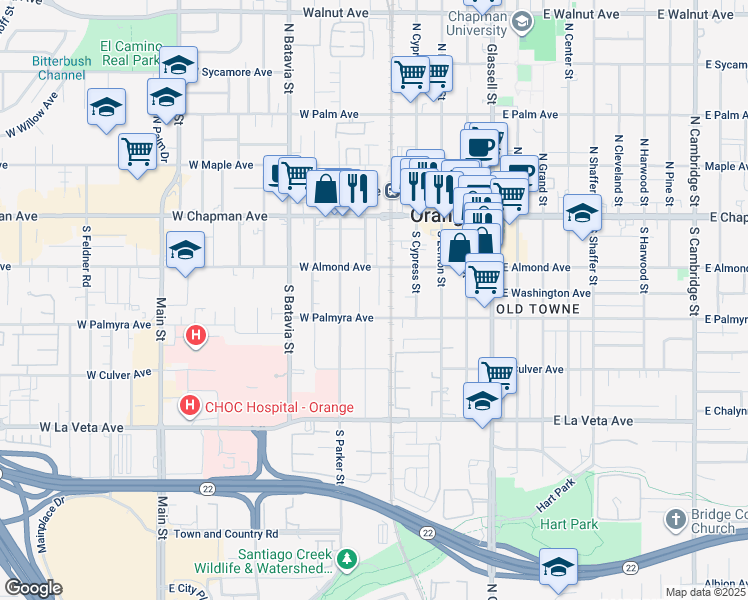 map of restaurants, bars, coffee shops, grocery stores, and more near 285 South Foley Place in Orange