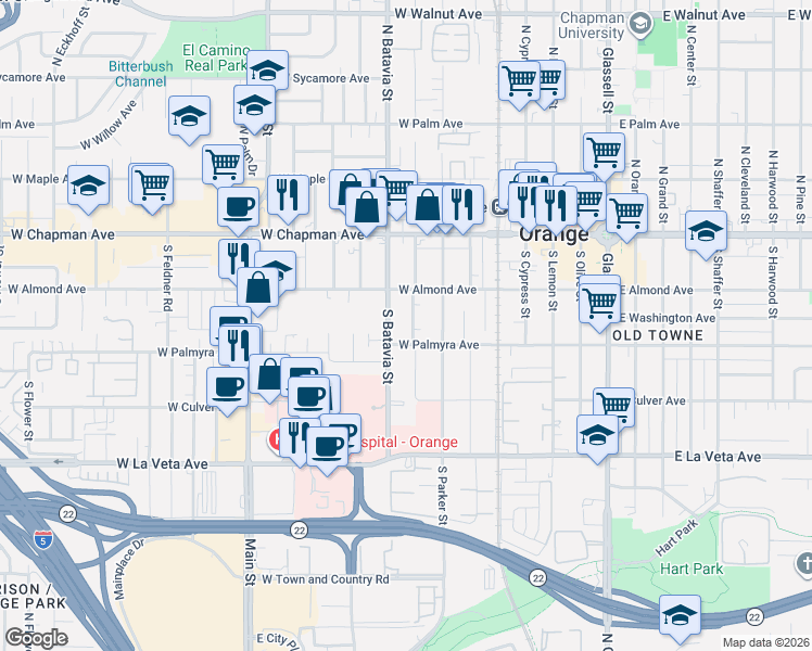 map of restaurants, bars, coffee shops, grocery stores, and more near 292 South Clark Street in Orange