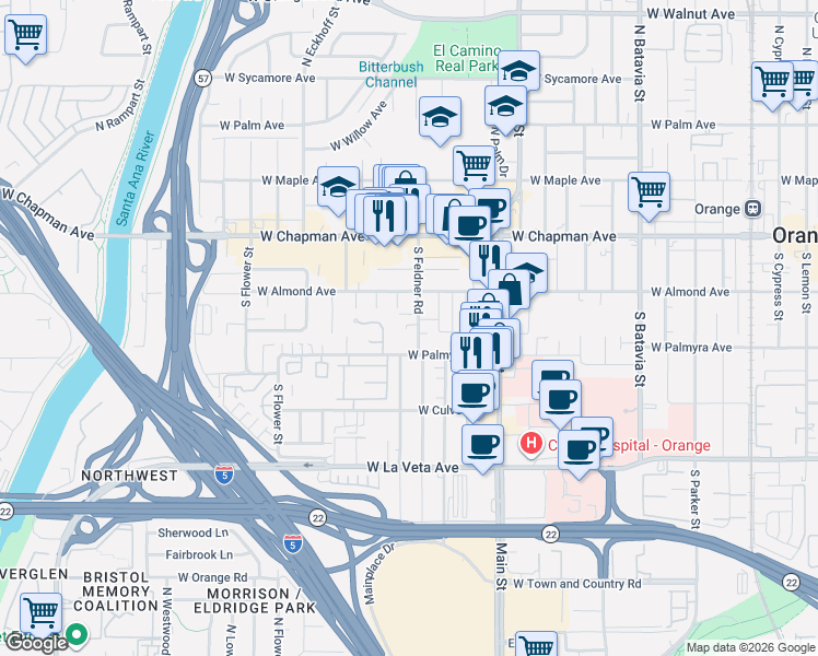 map of restaurants, bars, coffee shops, grocery stores, and more near 273 South La Linda Drive in Orange