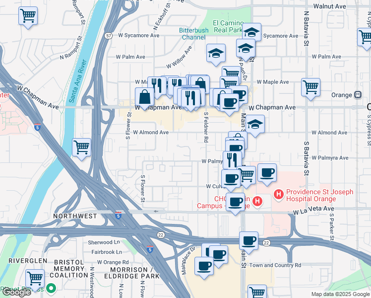 map of restaurants, bars, coffee shops, grocery stores, and more near 1921 West Palmyra Avenue in Orange