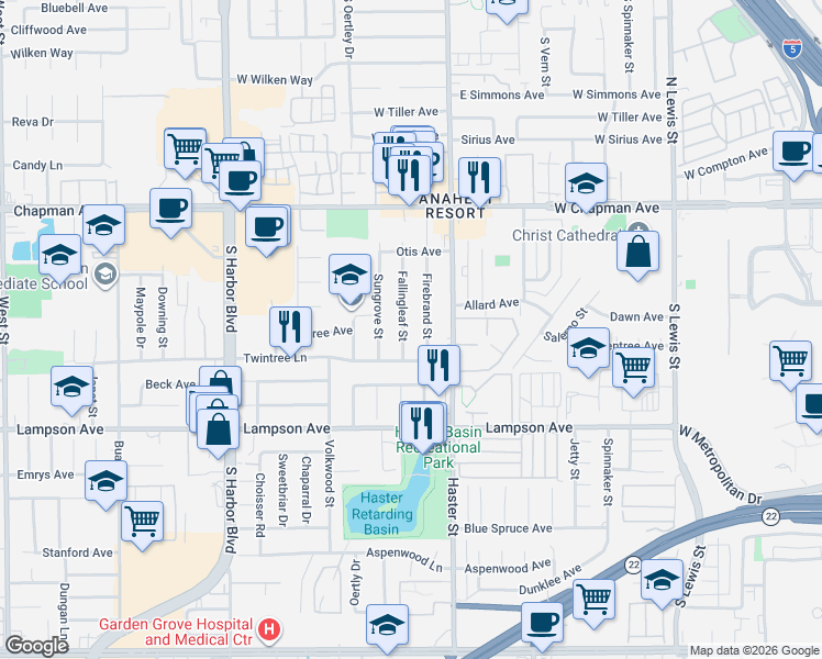map of restaurants, bars, coffee shops, grocery stores, and more near 12291 Firebrand Street in Garden Grove