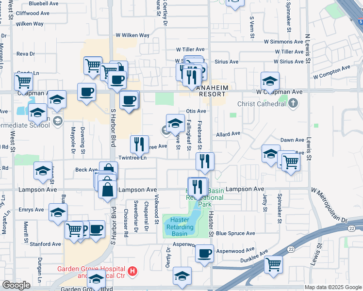 map of restaurants, bars, coffee shops, grocery stores, and more near 12292 Sungrove Street in Garden Grove