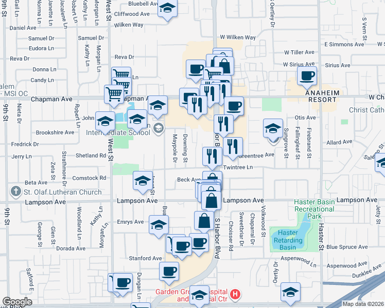 map of restaurants, bars, coffee shops, grocery stores, and more near 12292 Tamerlane Drive in Garden Grove