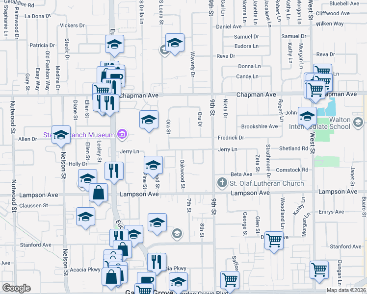 map of restaurants, bars, coffee shops, grocery stores, and more near 11362 Jerry Lane in Garden Grove