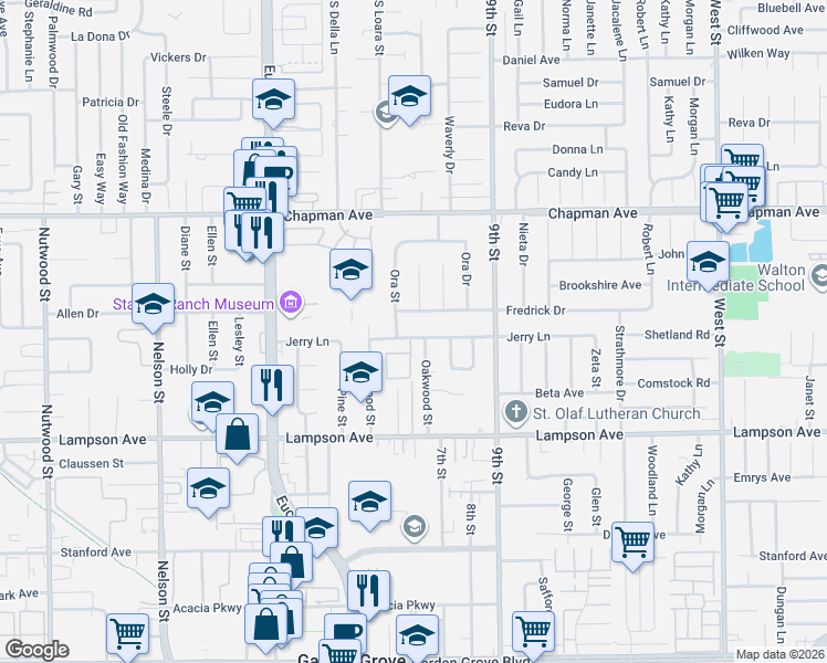 map of restaurants, bars, coffee shops, grocery stores, and more near 11272 Jerry Lane in Garden Grove