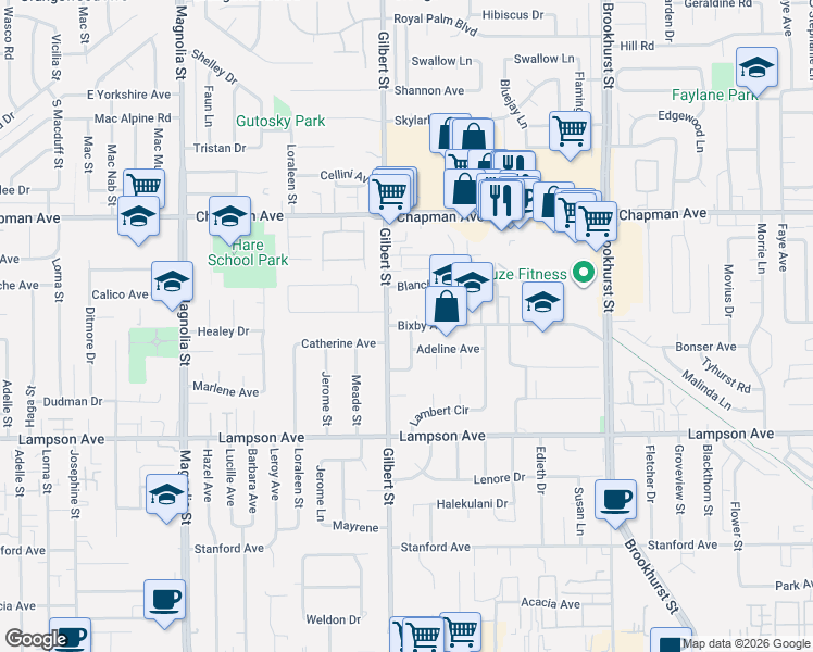 map of restaurants, bars, coffee shops, grocery stores, and more near 9581 Adeline Avenue in Garden Grove