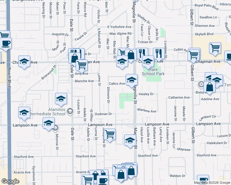 map of restaurants, bars, coffee shops, grocery stores, and more near 12252 Pentagon Street in Garden Grove