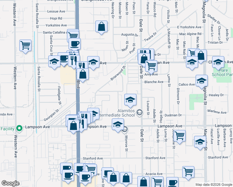 map of restaurants, bars, coffee shops, grocery stores, and more near 12230 Arrowhead Street in Stanton