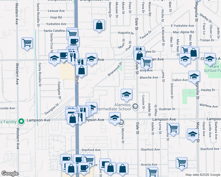 map of restaurants, bars, coffee shops, grocery stores, and more near 12263 Malibu Drive in Stanton