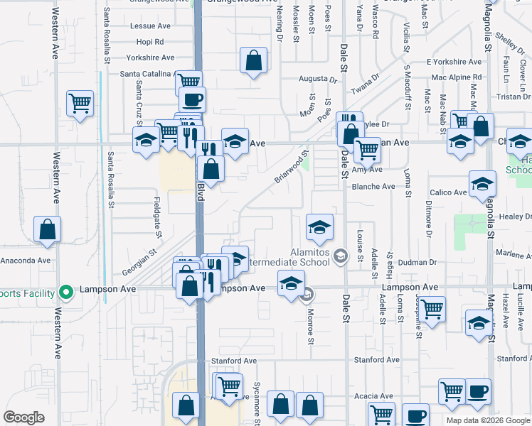 map of restaurants, bars, coffee shops, grocery stores, and more near 12263 Malibu Drive in Stanton