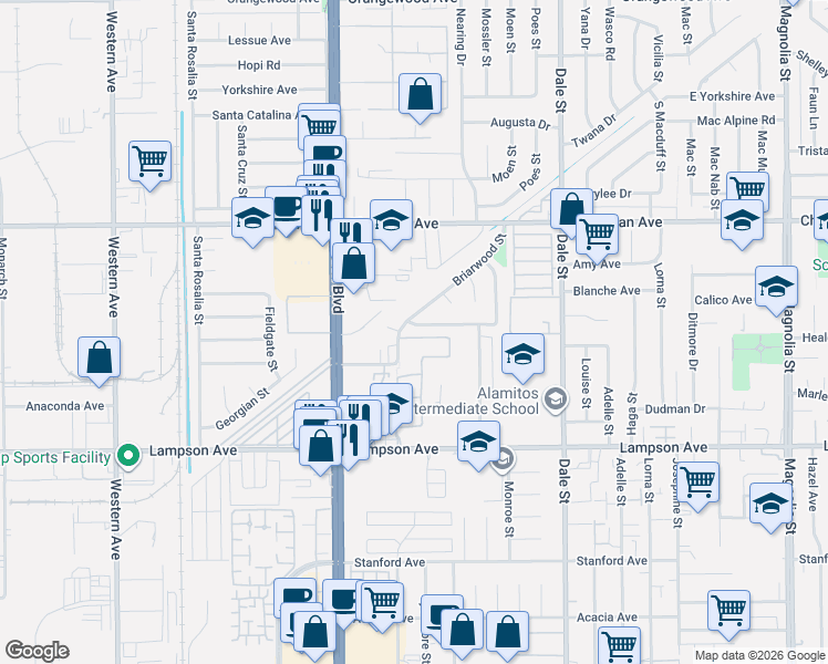 map of restaurants, bars, coffee shops, grocery stores, and more near 8154 Capistrano Drive in Stanton