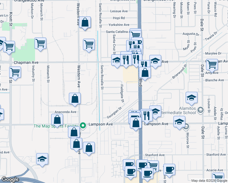 map of restaurants, bars, coffee shops, grocery stores, and more near 7812 Bently Avenue in Garden Grove