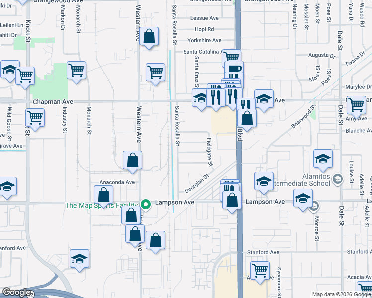 map of restaurants, bars, coffee shops, grocery stores, and more near 7722 Bently Avenue in Garden Grove