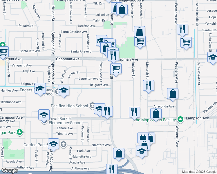 map of restaurants, bars, coffee shops, grocery stores, and more near in Garden Grove
