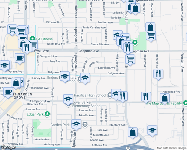 map of restaurants, bars, coffee shops, grocery stores, and more near 6642 Belgrave Avenue in Garden Grove