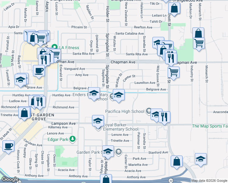 map of restaurants, bars, coffee shops, grocery stores, and more near 6572 Belgrave Avenue in Garden Grove