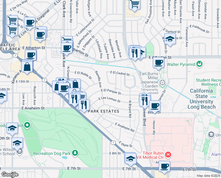 map of restaurants, bars, coffee shops, grocery stores, and more near 5410 East El Parque Street in Long Beach