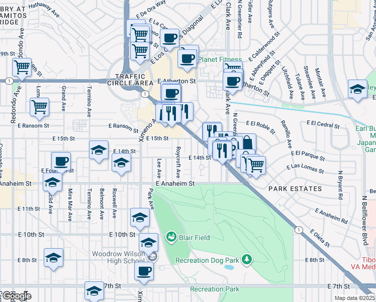 map of restaurants, bars, coffee shops, grocery stores, and more near 1400 Park Avenue in Long Beach