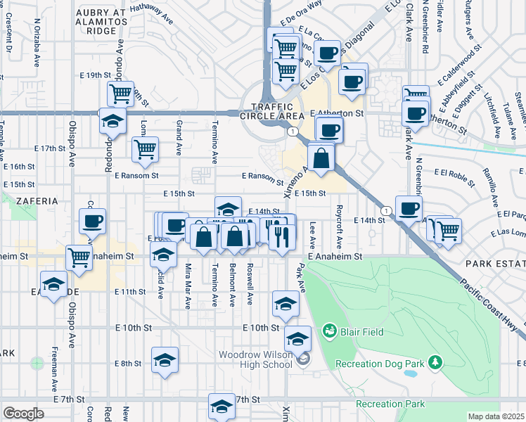 map of restaurants, bars, coffee shops, grocery stores, and more near 4231 Wehrle Court in Long Beach