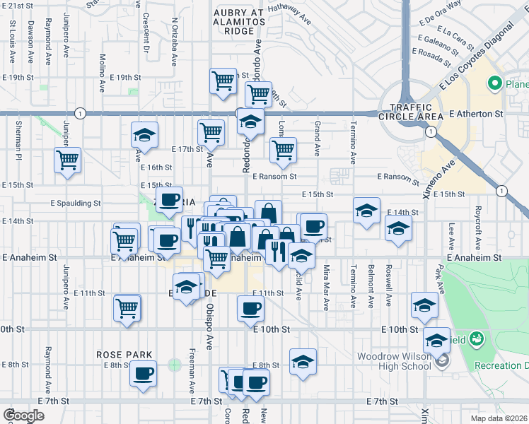 map of restaurants, bars, coffee shops, grocery stores, and more near 1400 Redondo Avenue in Long Beach
