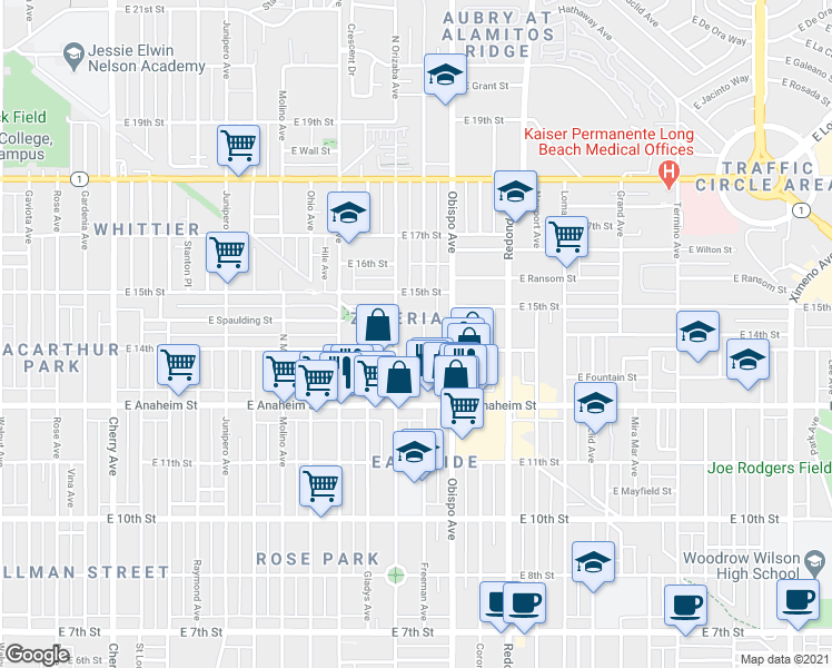 map of restaurants, bars, coffee shops, grocery stores, and more near 1400 Orizaba Avenue in Long Beach