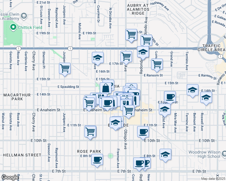 map of restaurants, bars, coffee shops, grocery stores, and more near 1400 Orizaba Avenue in Long Beach