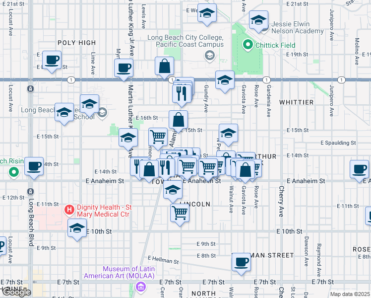 map of restaurants, bars, coffee shops, grocery stores, and more near 1400 Orange Avenue in Long Beach