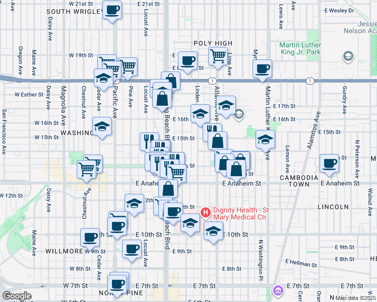 map of restaurants, bars, coffee shops, grocery stores, and more near 1441 Elm Avenue in Long Beach