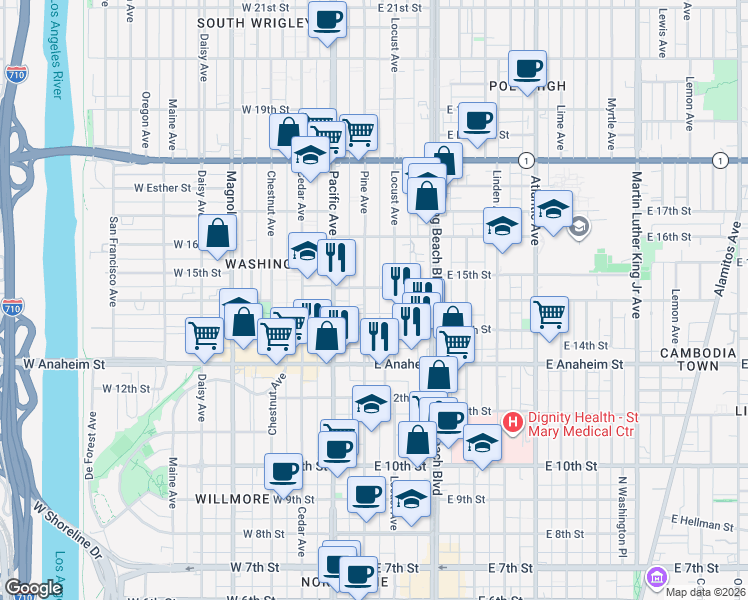 map of restaurants, bars, coffee shops, grocery stores, and more near 1429 Pine Avenue in Long Beach