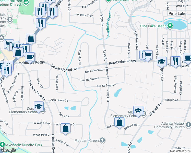 map of restaurants, bars, coffee shops, grocery stores, and more near 4144 Rue Dartagnan in Stone Mountain