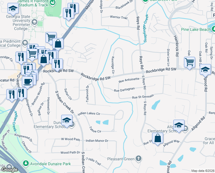 map of restaurants, bars, coffee shops, grocery stores, and more near 4046 Rue Dartagnan in Stone Mountain