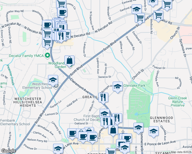 map of restaurants, bars, coffee shops, grocery stores, and more near 168 Superior Avenue in Decatur