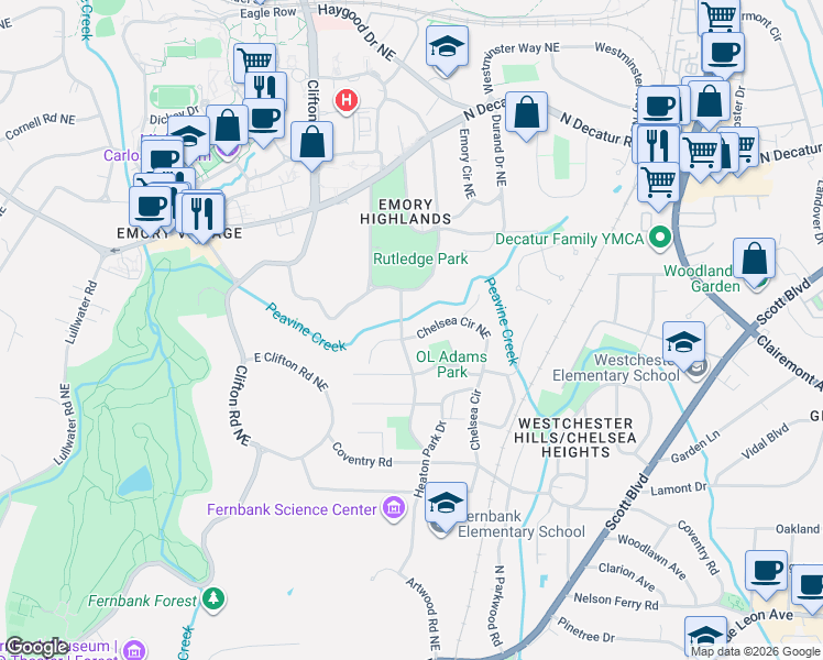 map of restaurants, bars, coffee shops, grocery stores, and more near 400 Chelsea Circle in Atlanta