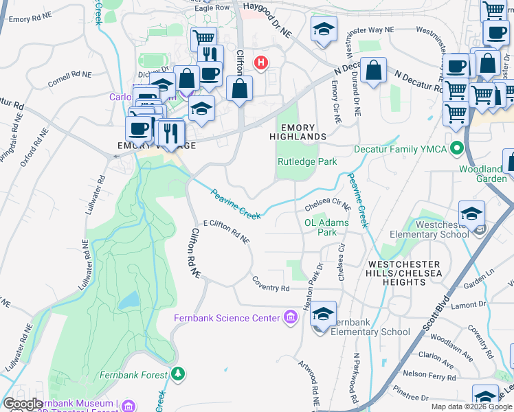 map of restaurants, bars, coffee shops, grocery stores, and more near 1695R Ridgewood Drive Northeast in Atlanta