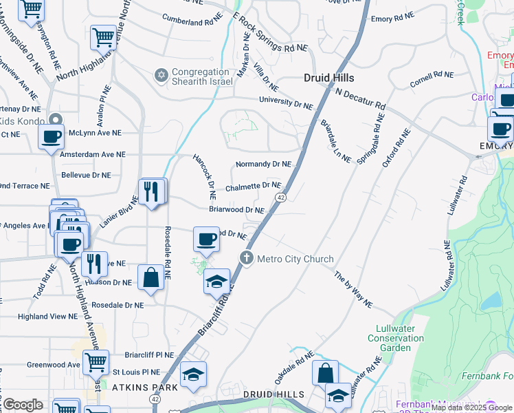 map of restaurants, bars, coffee shops, grocery stores, and more near 1360 Briarwood Drive Northeast in Atlanta