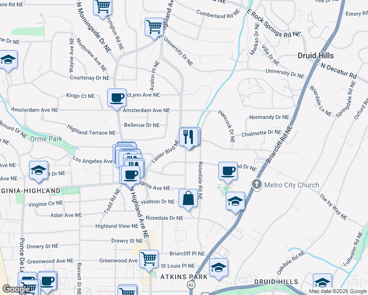 map of restaurants, bars, coffee shops, grocery stores, and more near in Atlanta