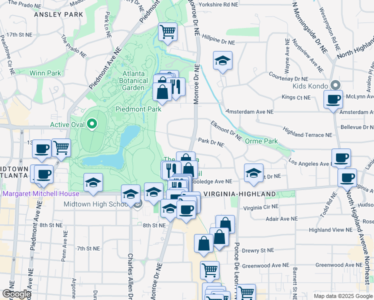 map of restaurants, bars, coffee shops, grocery stores, and more near 1095 Monroe Drive Northeast in Atlanta