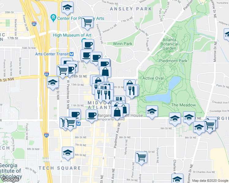 map of restaurants, bars, coffee shops, grocery stores, and more near 202 12th Street Northeast in Atlanta