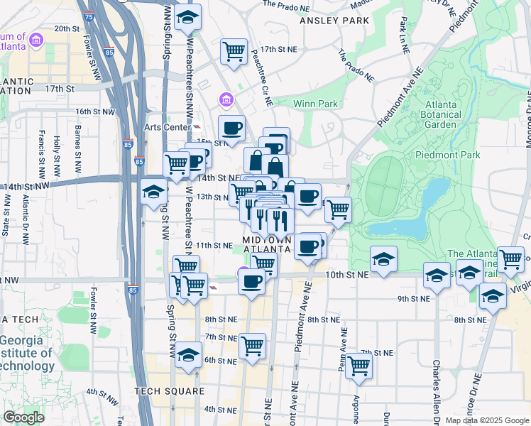 map of restaurants, bars, coffee shops, grocery stores, and more near 1075 Peachtree Street Northeast in Atlanta