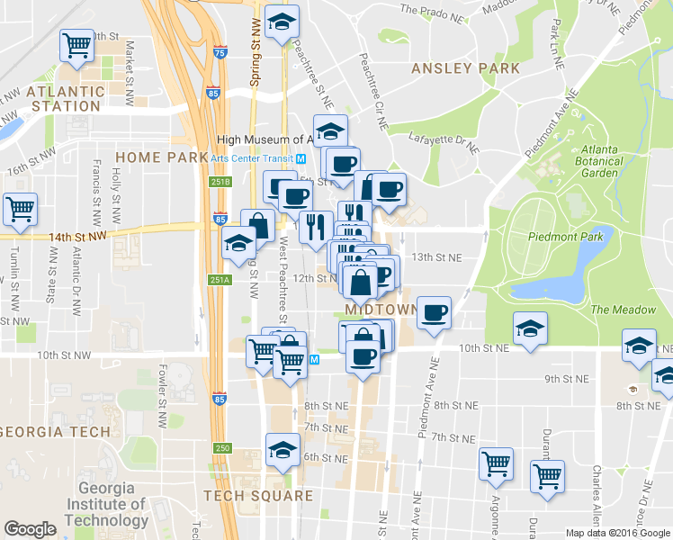 map of restaurants, bars, coffee shops, grocery stores, and more near 72 12th Street Northeast in Atlanta