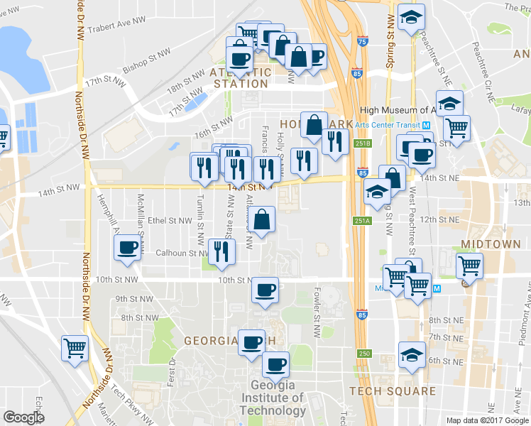 map of restaurants, bars, coffee shops, grocery stores, and more near 1100 Holly Street Northwest in Atlanta