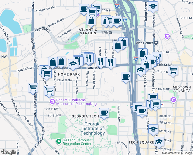 map of restaurants, bars, coffee shops, grocery stores, and more near 1087 Atlantic Drive in Atlanta