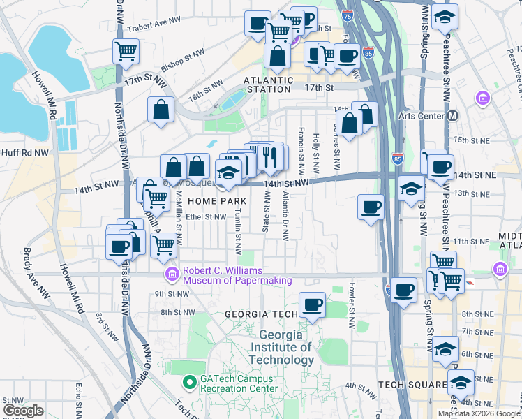 map of restaurants, bars, coffee shops, grocery stores, and more near 1090 State Street Northwest in Atlanta